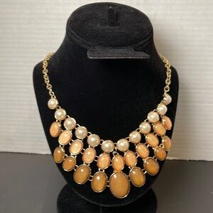 NY&CO Gold Chain Brown/Salmon/Faux Pearl Bib Necklace